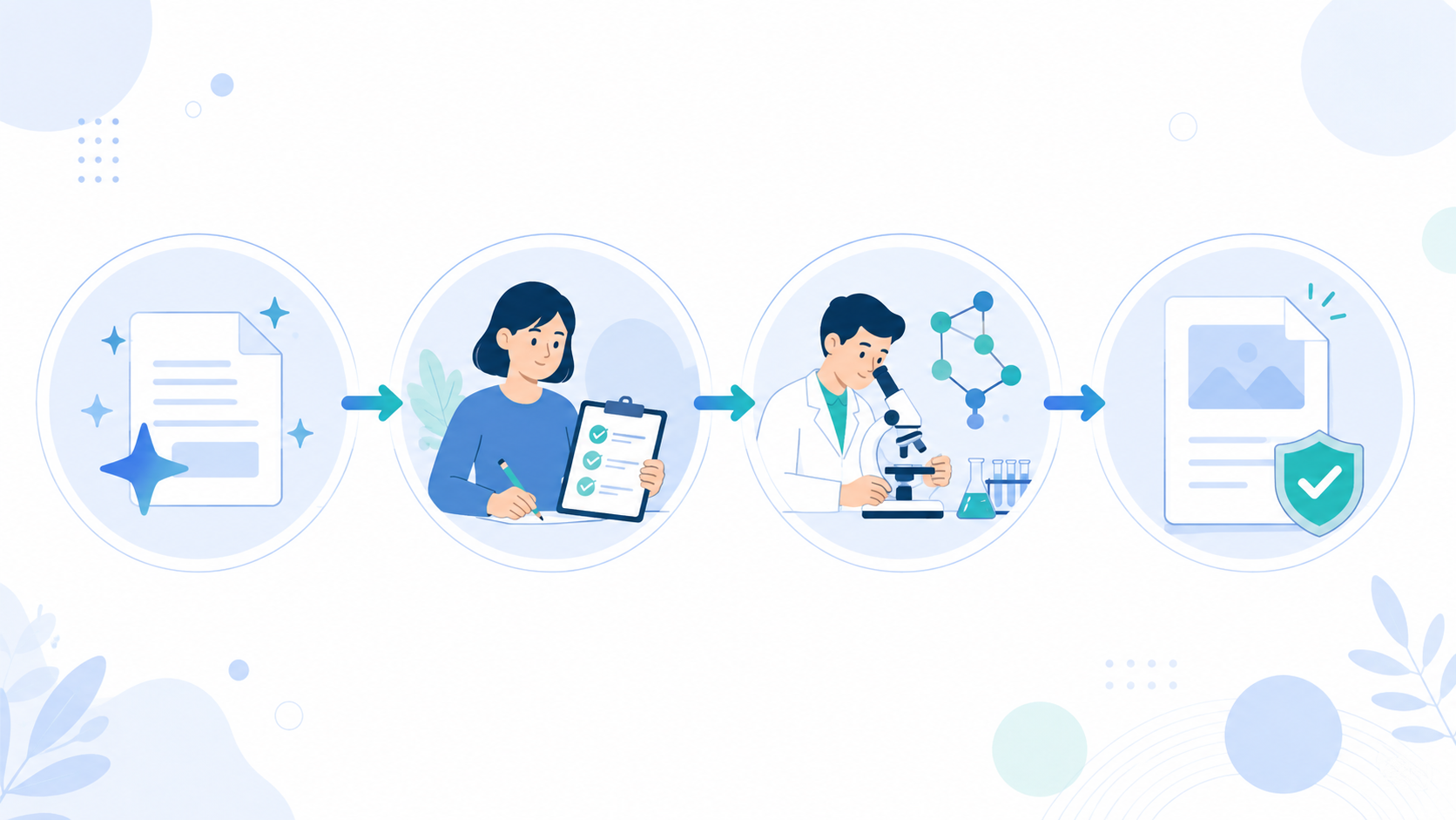 Four-stage illustration of AI-assisted drafting, human editing, scientific review, and verified publication