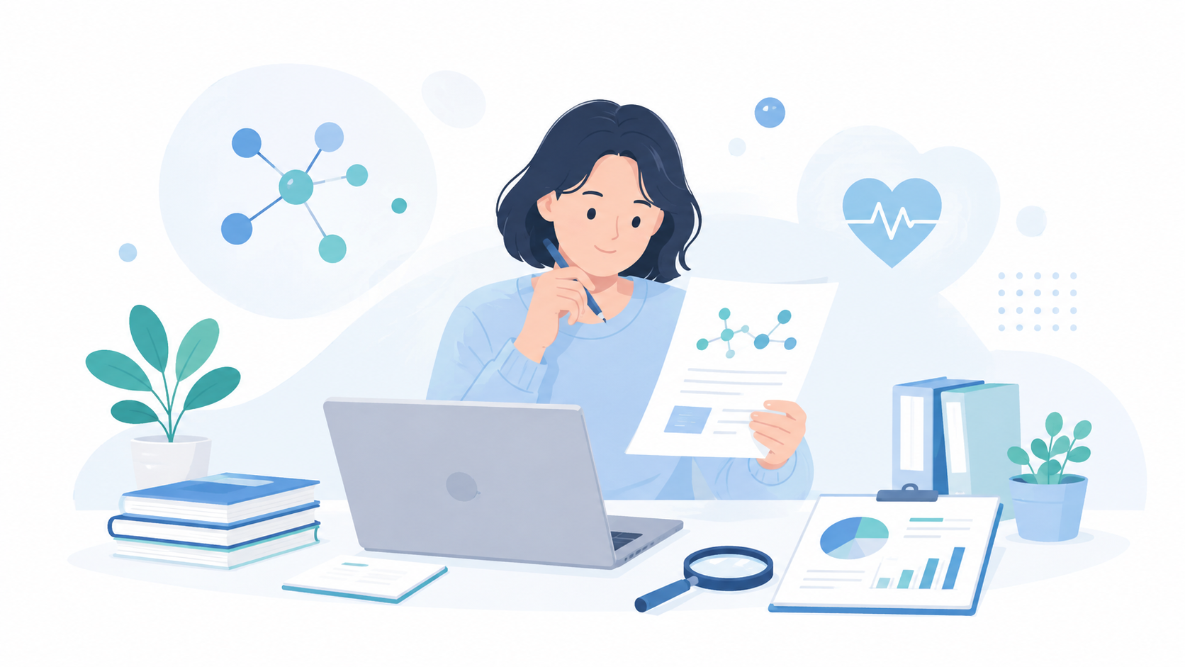 Illustration of a health content editor reviewing metabolic health research and clinical data