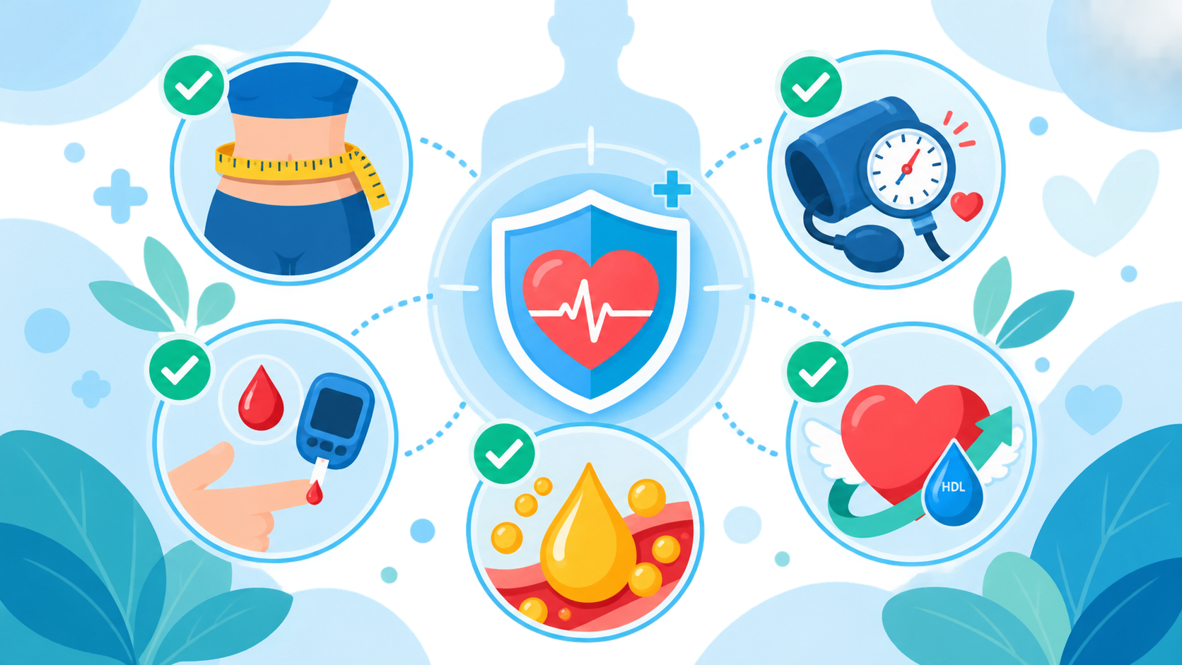 Infographic of the five metabolic syndrome criteria: waist circumference, blood pressure, fasting glucose, triglycerides, and HDL cholesterol